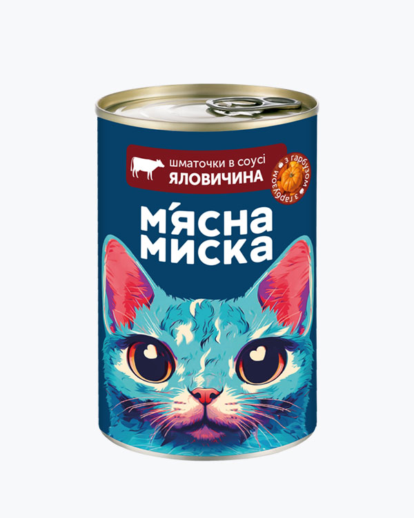 Вологий корм М'ясна Миска для дорослих котів, шматочки в соусі з яловичиною та гарбузом, 415 г