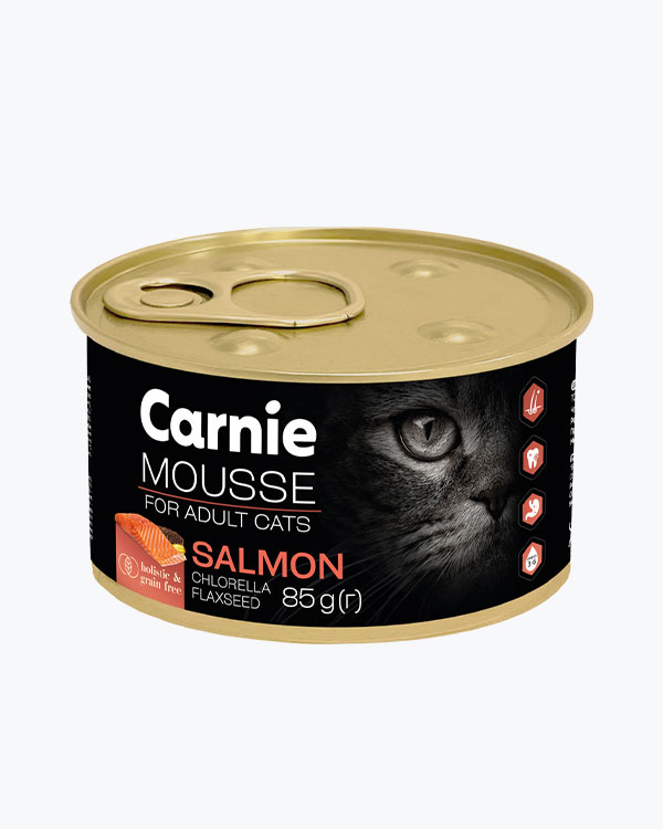 Влажный корм Carnie для взрослых кошек, мясной мусс с лососем, семенами льна, хлореллой и желе, 85 г