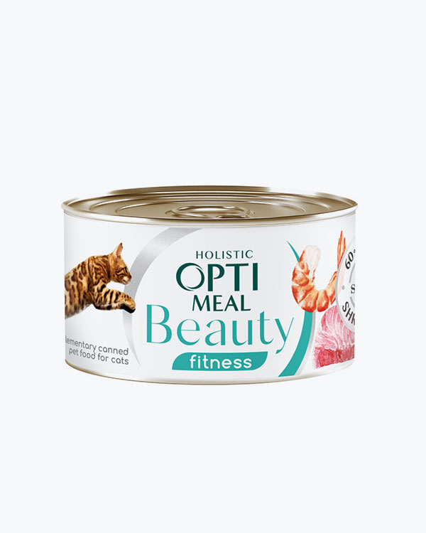 Влажный корм Optimeal Beauty Fitness для кошек, полосатый тунец в соусе с креветками, поддержка общего физического состояния, 70 г