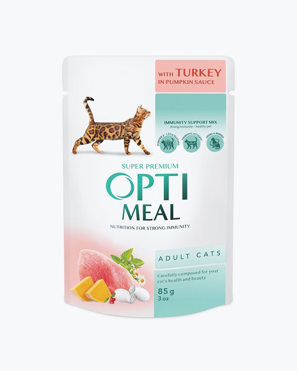 Влажный корм Optimeal для кошек, с индейкой в ​​тыквенном соусе, 85 г, пауч