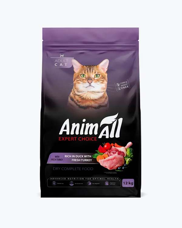 Сухой корм Animall, для взрослых кошек, со свежей индейкой и уткой, 12 кг