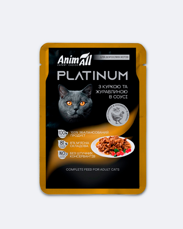 Вологий корм AnimAll Platinum, для дорослих котів, з куркою та журавлиною в соусі, 85 г, пауч