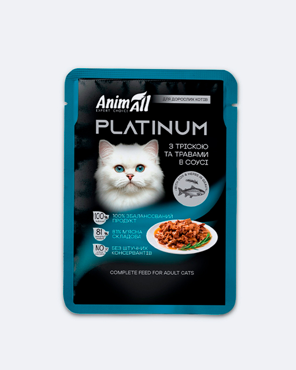 Вологий корм AnimAll Platinum, для дорослих котів, з тріскою та травами в соусі, 85 г, пауч