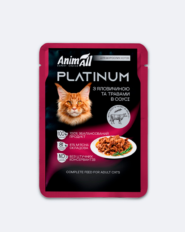 Вологий корм AnimAll Platinum, для дорослих котів, з яловичиною та травами в соусі, 85 г, пауч