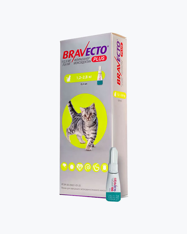 Краплі Bravecto Plus Бравекто Плюс 112.5 мг, від бліх і кліщів та глистів для котів вагою від 1.2 до 2.8 кг
