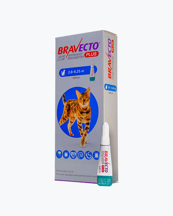 Краплі Bravecto Plus Бравекто Плюс 250 мг, від бліх і кліщів та глистів для котів вагою від 2.8 до 6.25 кг