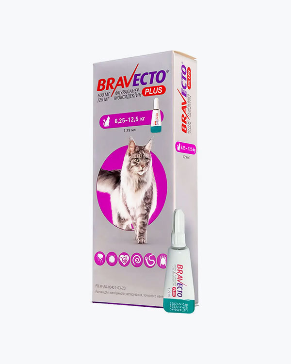 Краплі Bravecto Plus Бравекто Плюс 500 мг, від бліх і кліщів та глистів для котів вагою від 6.25 до 12.5 кг