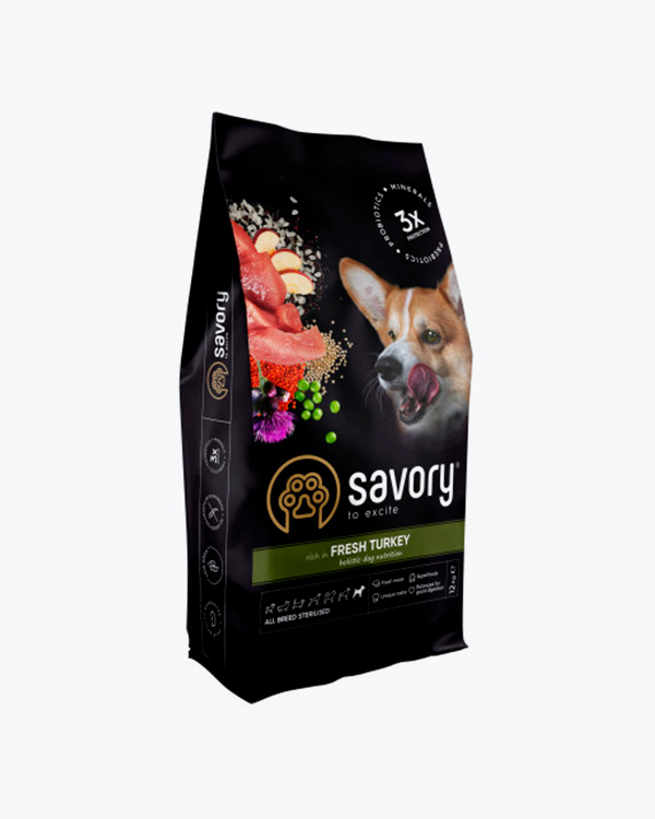 Сухой корм Savory All Breed Sterilised Rich In Fresh Turkey для стерилизованных собак, с индейкой, 12 кг