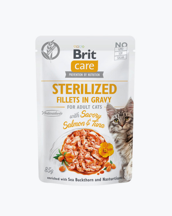 Вологий корм Brit Care Fillets in Gravy Salmon and Tuna Sterilized для стерилізованих котів, з філе в соусі з лососем і тунцем, 85 г, пауч
