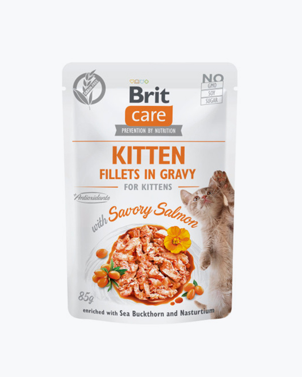 Вологий корм Brit Care Fillets in Gravy Savory Salmon Kitten для котів, філе в соусі з лососем, 85 г, пауч