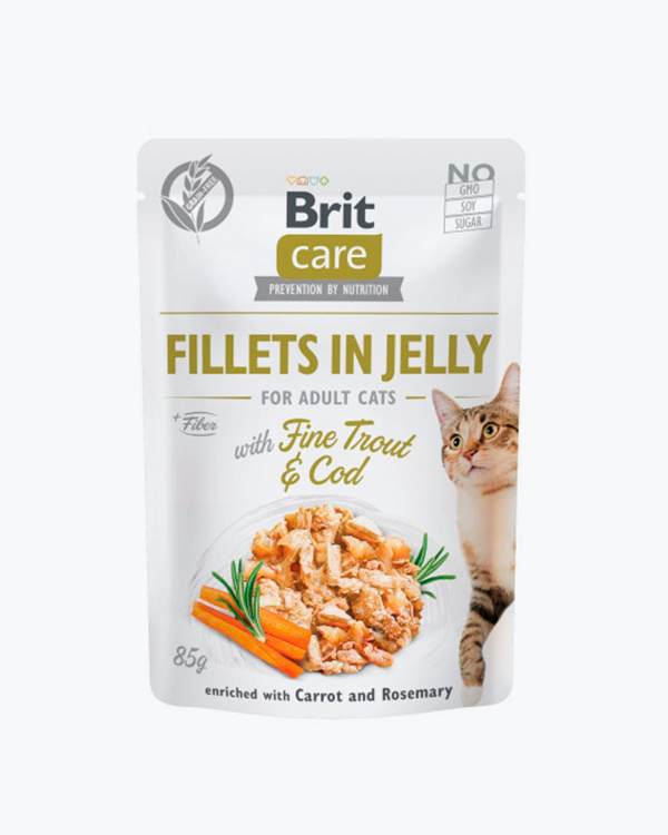 Вологий корм Brit care Fillets In Jelly Fine Trout and Cod для котів, філе в желе з тріскою та фореллю, 85 г, пауч