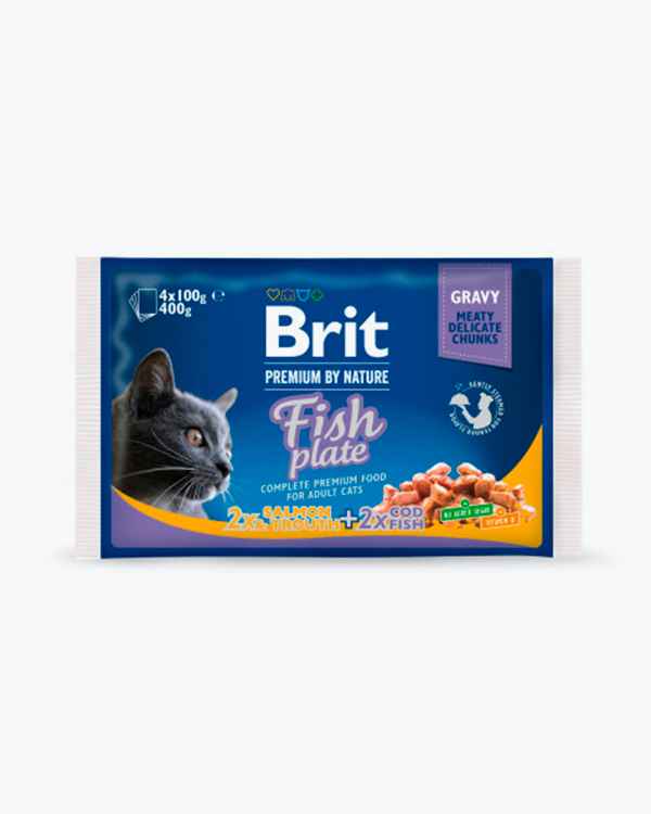 Набір вологих кормів Brit Premium Cat Fish Plate Pouches для котів, рибна тарліка з тріскою, лососем та фореллю, 4 шт по 100 г