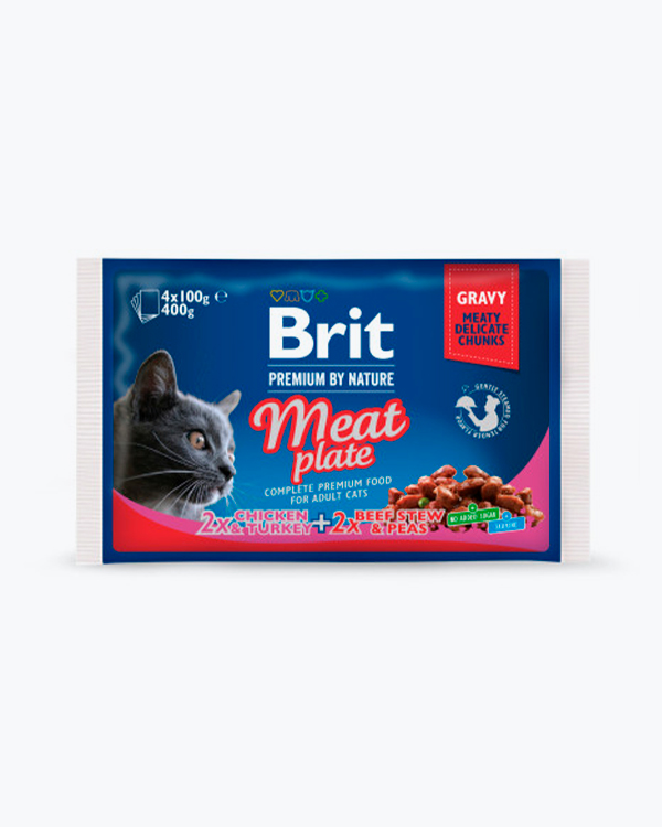 Набір вологих кормів Brit Premium Cat Meat Plate Pouches для котів, м'ясна тарілка, курка та індичка з тушкованою яловичиною та горошком, 4 шт по 100 г