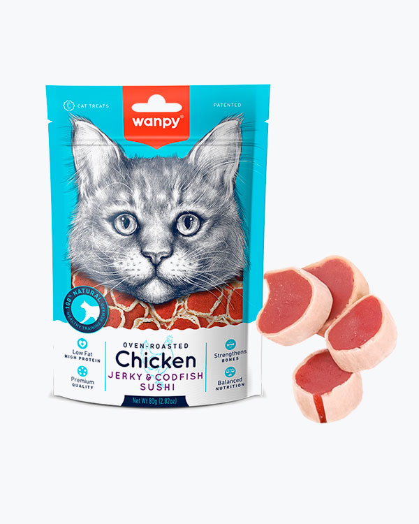 УЦІНКА - Ласощі WANPY Chicken Jerky & Codfish Sushi для котів, суші з куркою та тріскою, 80 г