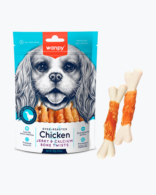 УЦЕНКА - Лакомство WANPY Jerky & Calcium Bone Twists для собак, кальциевая кость с курицей, 100 г
