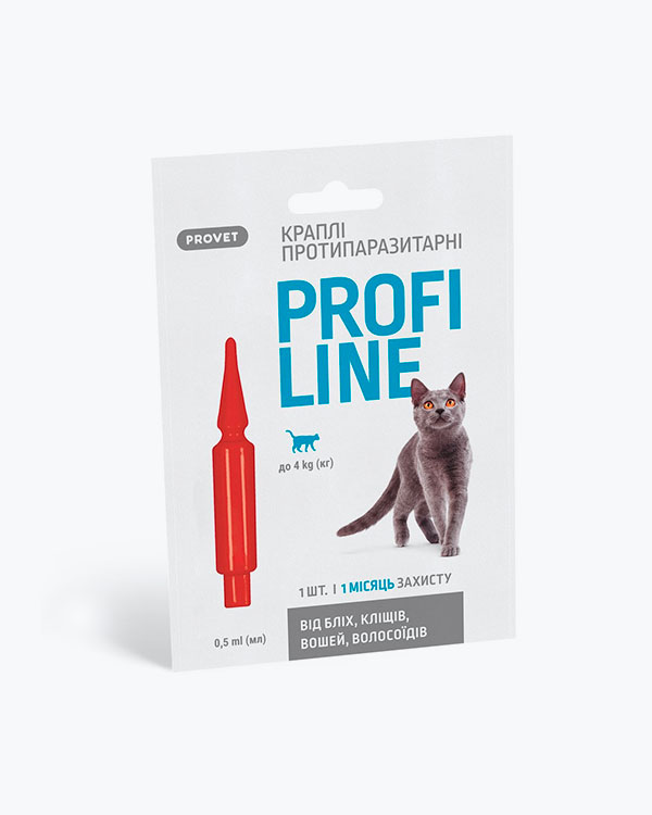 Краплі ProVET Profiline для котів, до 4 кг інсектоакарицид, 1 піпетка по 0.5 мл
