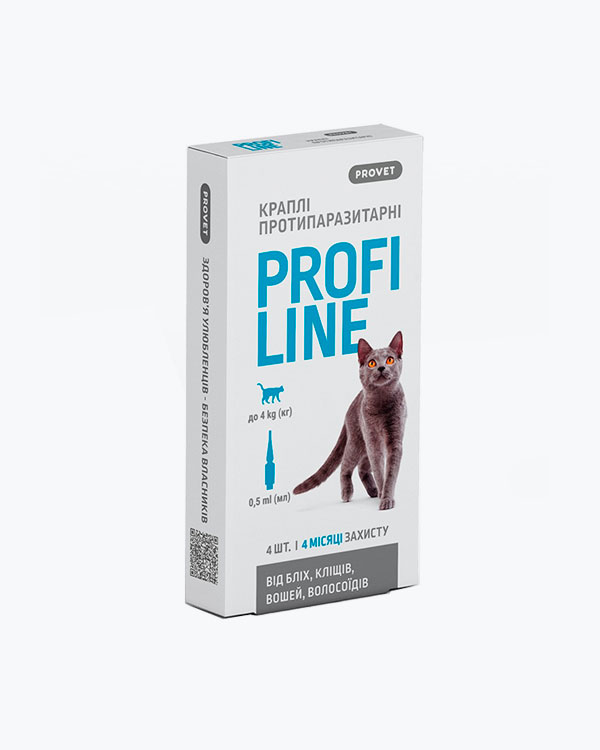Краплі ProVET Profiline для котів, до 4 кг, інсектоакарицид 4 піпетки по 0.5 мл