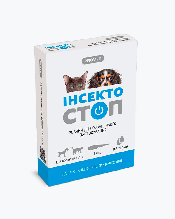 Краплі ProVET Інсектостоп, для котів та собак, від 4 до 6 кг, від зовнішніх паразитів на холку, 6 піпеток по 0.8 мл