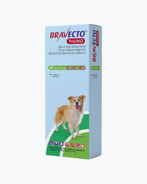 Жувальна таблетка Bravecto TriUNO 200 мг Бравекто ТриУНО, від бліх, кліщів та гельмінтів, для собак вагою від 10 до 20 кг, упаковка
