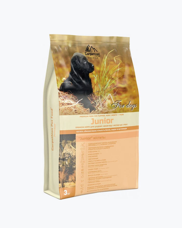 Сухий корм Carpathian Pet Food Junior для цуценят від 1 місяця до 1 року, з куркою, скумбрією та сухим молоком, 3 кг