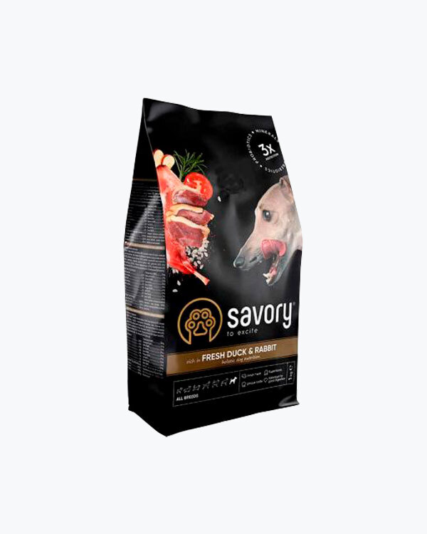 Сухой корм для собак всех пород Savory со свежим мясом утки и кроликом, 1 кг