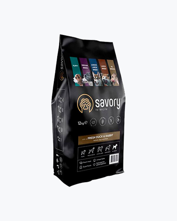 Сухой корм для собак всех пород Savory со свежим мясом утки и кроликом, 12 кг
